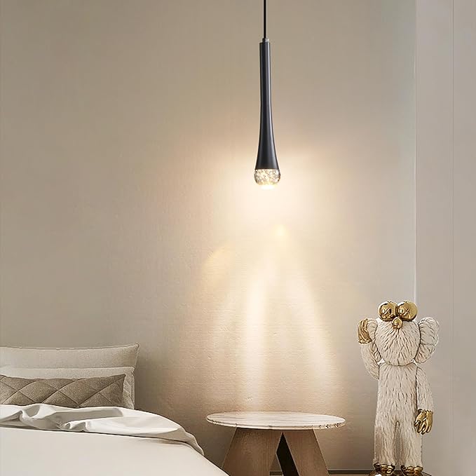 Modern Black LED Pendant Light, Kitchen Island Ceiling Hanging Lights, Teardrop Bubble Crystal, 3 Color 2700K/4500K/6500K, Bedside Small Chandeliers Lamps for Bar, Dining Room, Bathroom, Hallway