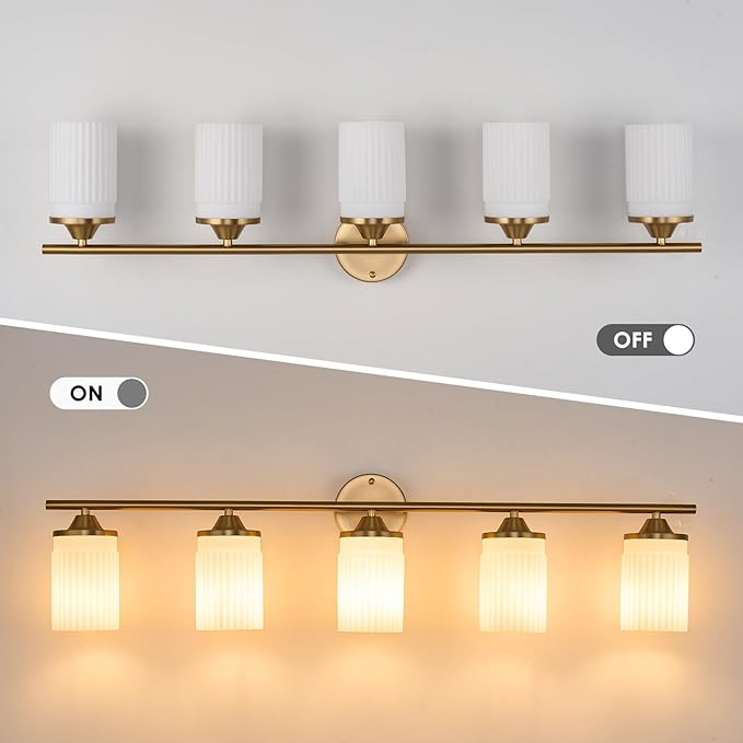 Jonsi Gold Bathroom Light Fixtures 5-Light Vanity Lights Modern Wall Sconce with Milk White Shade Brushed Brass Bathroom Light Fixture Over Mirror for Bedroom Hallway Kitchen