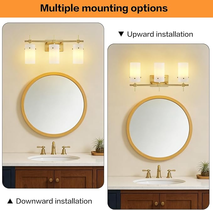 SOLFART 3-Light Bathroom Vanity Light, Modern Brushed Gold Wall Lights with Milky White Clear Glass Shades, Bathroom Wall Sconce Lamp for Mirror Living Room Bedroom Hallway (Bulbs Not Included)