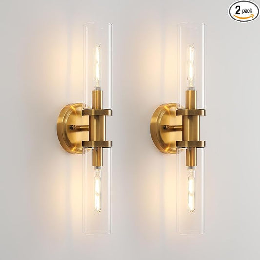 KUZZULL Wall Sconces Set of Two Brushed Brass Gold Sconces Lighting with Clear Glass Wall Lamp Modern Wall Sconce Light Fixtures Sconces Decor Set of scones Lights Set of 2