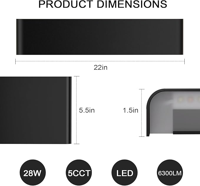 Modern LED Wall Sconce, 28W Dimmable 5CCT (3000K-6500K), Upper and Lower Illuminated Wall Sconce, for Bedroom, Living Room, Hallway, Vanity Lights (22 Inch - Matte Black 1 Piece)