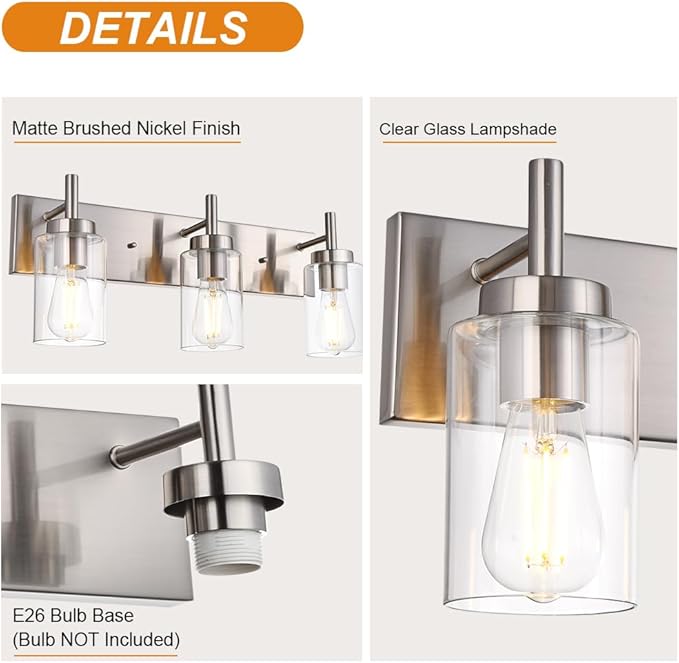 VINLUZ Bathroom Vanity Light Fixture Brushed Nickel with Clear Glass 6-Light Modern Wall Lighting Industrial Indoor Sconces Wall Mounted Lamp for Bedroom Kitchen (Patent No.: US D958,438 S)
