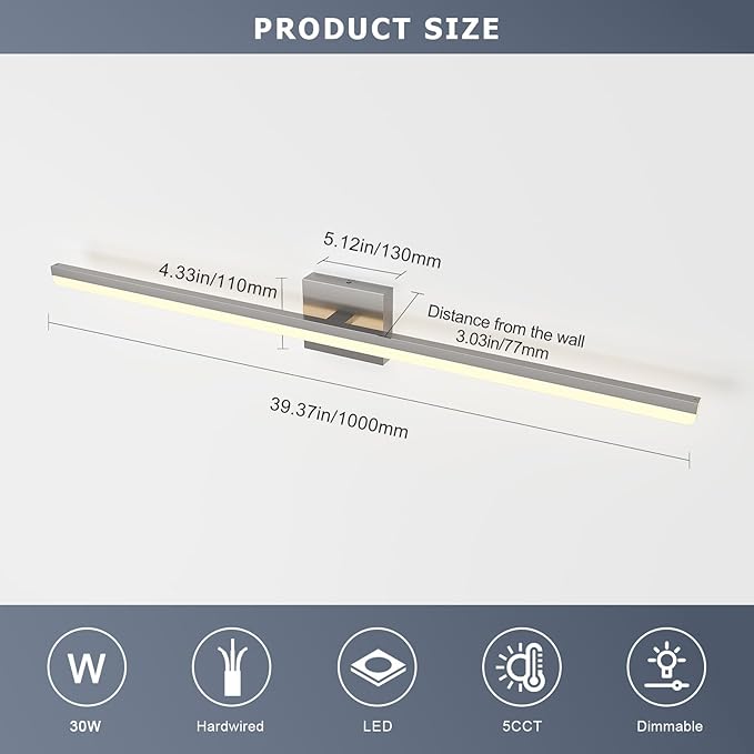 Brushed Nickel Bathroom Vanity Light Bar 5CCT Dimmable Bathroom Light Fixtures Over Mirror Modern LED Vanity Lighting Bath Light ETL Certificated 39.4 inch