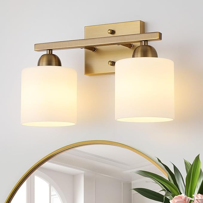 Mecgirn Milk Glass Vanity Lights for Bathroom, 2 Light Brass Bathroom Light Fixtures Over Mirror, Ceramic E26 Sockets Wall Mounted