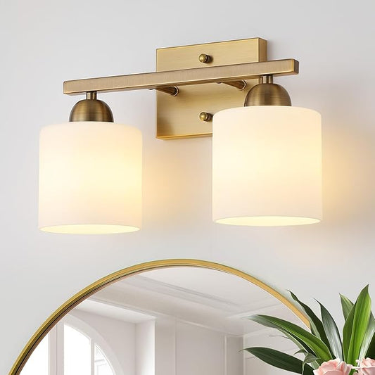 Mecgirn Milk Glass Vanity Lights for Bathroom, 2 Light Brass Bathroom Light Fixtures Over Mirror, Ceramic E26 Sockets Wall Mounted