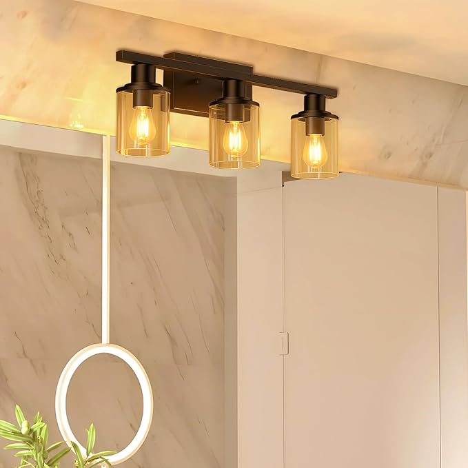 Lightdot Modern Bathroom Light Fixtures, 3 Light Vanity Lights, Black Wall Lamp with Clear Glass for Bathroom, Mirror, Living Room, Bedroom, Hallway, E26 Base-Black