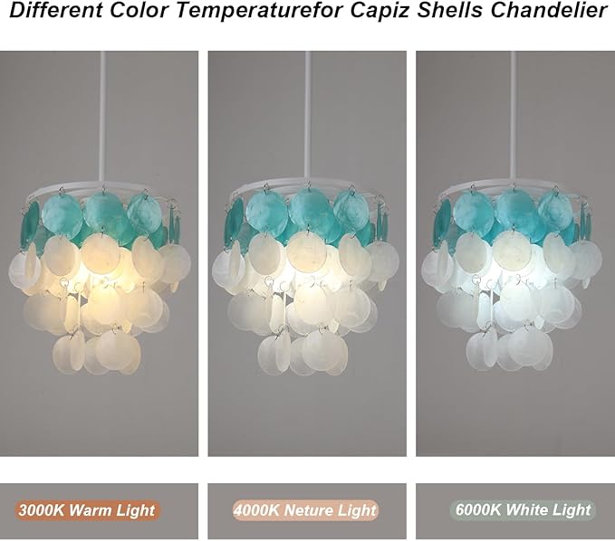 Capiz Shell Samll Chandelier, 1-Light Plug in Shells Pendant Lights with ON/Off Switch for Kitchen Island, Dining Room, Bedroom Room, Coastal House, White and Blue