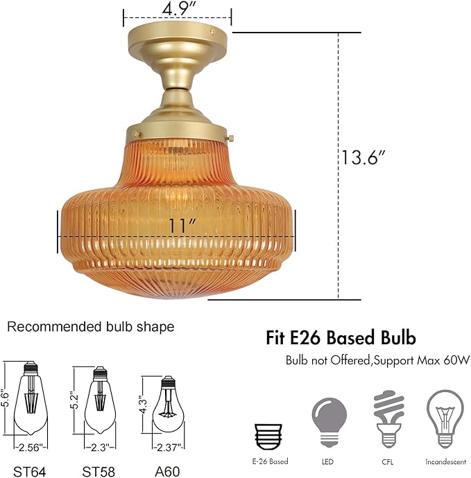 CLAXY Gold Ceiling Light Amber Glass Shade-Vintage Schoolhouse Light Fixture Semi-Flush Mount Dimmable for for Living Room/Bedroom/Dining Room/Kitchen