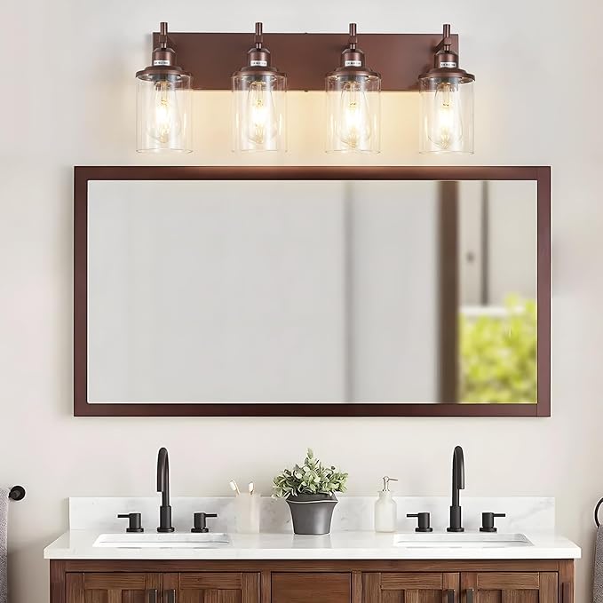 Lanhall 4-Light Bronze Bathroom Light Fixtures Over Mirror, Modern Bathroom Vanity Light with Clear Glass Shade, Wall Sconce for Bathroom Hallway Cabinet Bedroom