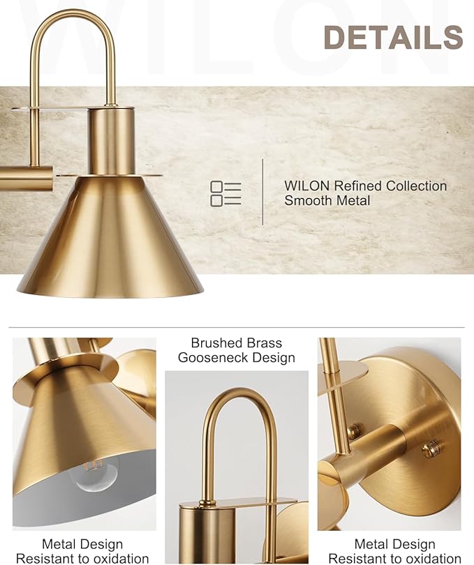 WILON Gold Wall Sconces Set of Two Indoor Wall Lights with E26 Base Industrial Gooseneck Barn Wall Lamp Modern Brass Wall Sconce Light for Bedroom Living Room Kitchen Sink Bedside Bathroom