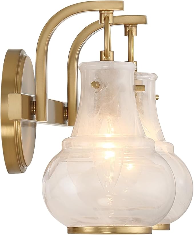 Savoy House 8-4417-2-322 Adams Modern Vintage Traditional White Strie Glass Bathroom Vanity Wall Light, 2-Light 120 Total Watts, 9" H x 16" W, Warm Brass