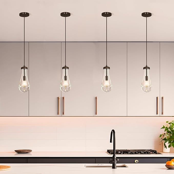 Raindrop Pendant Light Set of 2, Black 4.7-inch Clear Glass Teardrop Chandelier for Kitchen Island, Modern Pendant Lighting for Dining Room, Bedroom, Hallway, Adjustable Hanging Cord, Included Bulb