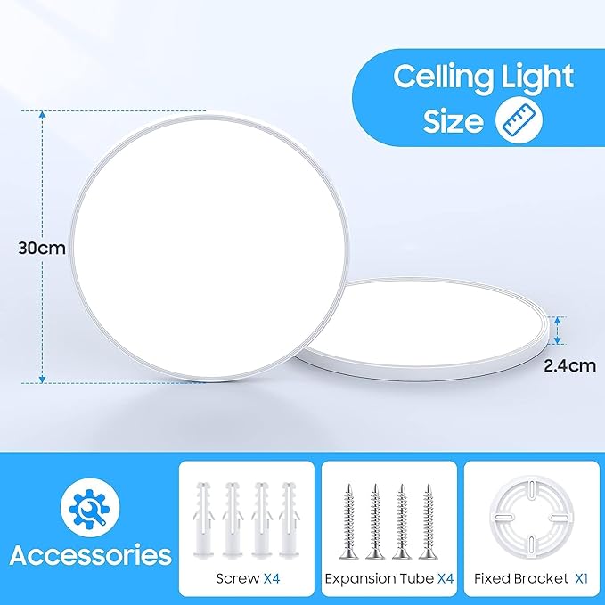 Flush Mount Ceiling Light Fixtures,12inch Flat led Light for Ceiling,6500K 3200LM Ultra Thin Round White Lamp for Bedroom Kitchen,Bathroom,Garage,Living Room, Dining Room - 2PCS