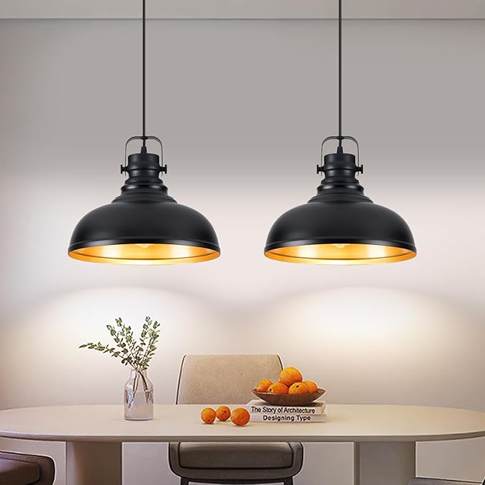 Refice 2 Pack Farmhouse Pendant Lights Black Pendant Lighting for Kitchen Island Adjustable Height Dome Hanging Lights for Barn, Dining Room