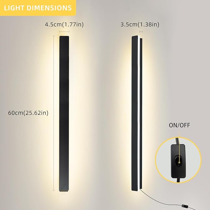 KELUOLY Modern Plug in Wall Sconces, 23.6 inch Frosted Black LED Long Wall Lights, 12W Warm White 3000K Acrylic Indoor Wall lamp,with 59" Plug Cable for Bedroom, Living Room, Bathroom Makeup, Hallway
