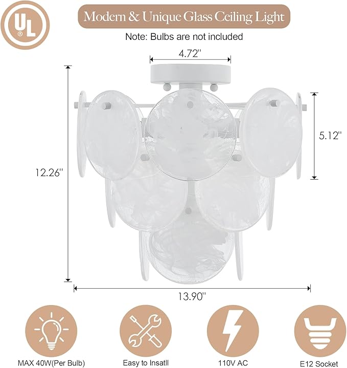 Modern Glass Flush Mount Light Fixture, Hallway Ceiling Light Unique Chandelier, 4-Light Flush Mount Chandelier for Bedroom Entryway, White Finish