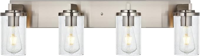 BONLICHT 4-Light Bathroom Light Fixtures Brushed Nickel Wall Sconce Lighting Modern Vanity Lights with Seeded Glass, Industrial Bathroom Farmhouse Wall Lamp for Mirror Kitchen Bedroom Living Room