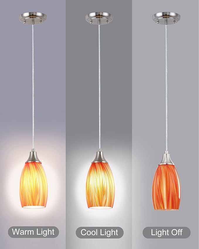 karyfine Art Glass Mini Pendant Lights for Kithen Island Blown Glass Pendant Lighting Shade with Brushed Nickel Finish 3Pack Hanging Pendant Light Kitchen Counter,Dining/Living Room Red Orange