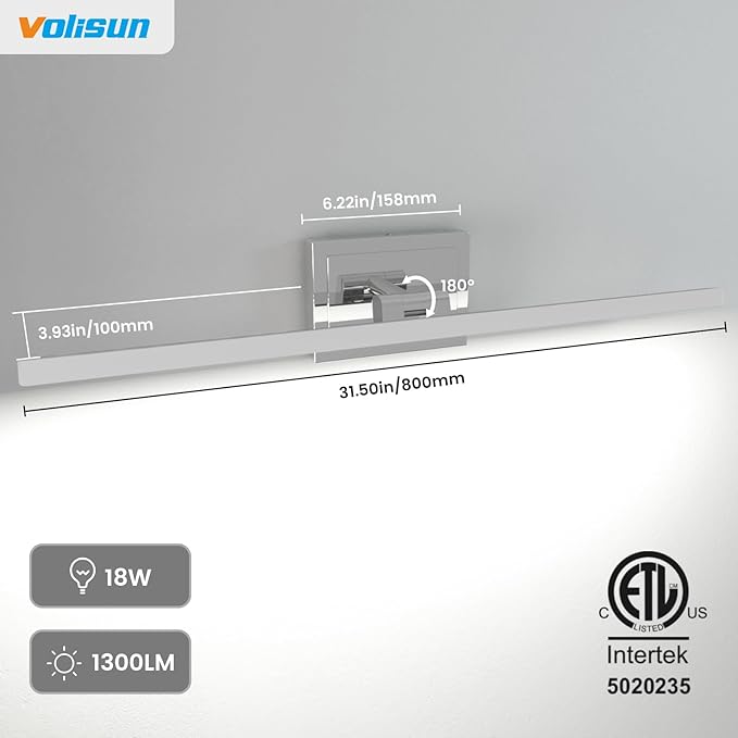 VOLISUN Modern Bathroom Vanity Light 31.5 inch, Rotatable, 18W Dimmable 5CCT Led Bathroom Light Fixture Over Mirror, Chrome Vanity Light for Bathroom Mirror Cabinets-ETL Certificated