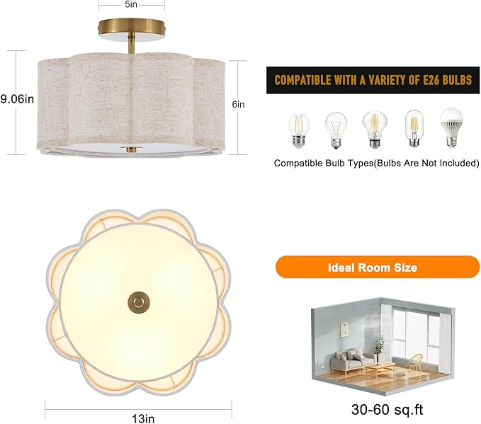 Semi Flush Mount Ceiling Light, Beige Linen Fabric Shade Ceiling Light, Golden Modern Farmhouse Close to Ceiling Light for Bedroom, Laundry Room, Hallway, Living Room, Dining Room