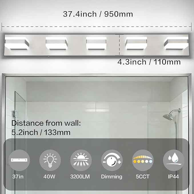 SOLFART Brushed Nickel Vanity Lights for Bathroom, 5 Color Temperature Bathroom Light, Light Fixtures Over Mirror, Modern LED Lighting Adjustable Color 5CCT
