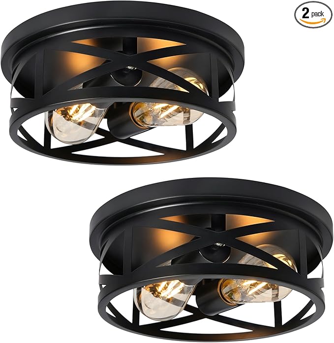 2-Light Flush Mount Ceiling Light Fixture, Farmhouse Ceiling Lights for Kitchen, Modern Black Close to Ceiling Light for Hallway Bedroom Balcony Porch Stairway, E26, (2 Pack)