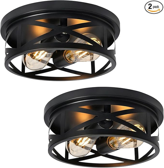 2-Light Flush Mount Ceiling Light Fixture, Farmhouse Ceiling Lights for Kitchen, Modern Black Close to Ceiling Light for Hallway Bedroom Balcony Porch Stairway, E26, (2 Pack)