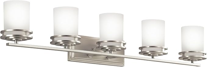 Kichler Hendrik 43" Vanity Light in Brushed Nickel, 5-Light Modern Bathroom Vanity with Satin Etched Cased Opal Glass, (43" W x 7.75" H), 5085NI