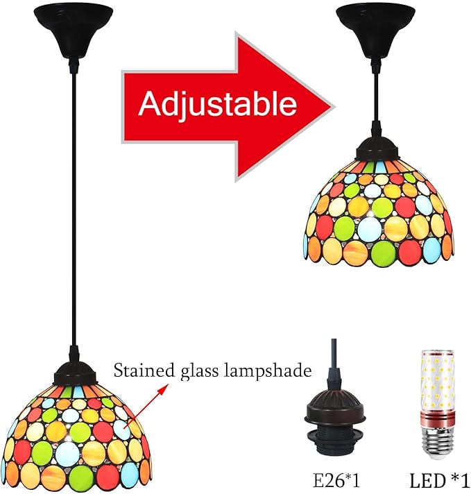 Stained Glass Hanging Lamp, Small Pendant Lights, Height Adjustable Vintage Chandelier Light Fixture, Wide 8 Inch
