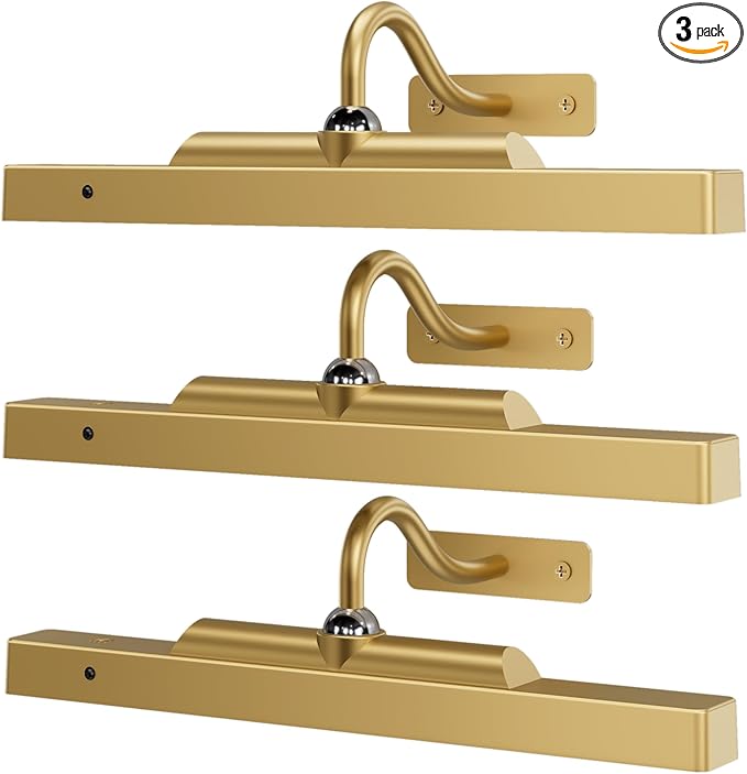 Gallery Lights for Wall 3 Pack, 12" Rechargeable Picture Lights, Cordless Remote Dimmable LED for Portrait Hallway Decor (Antique Gold)