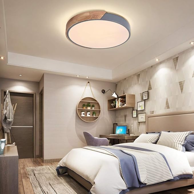 EDISLIVE Ceiling Light Dimmable 15 inch Modern Minimalist LED Round Shaped Wood & Metal & Acrylic Flush Mount Ceiling Light with Remote Control Gray