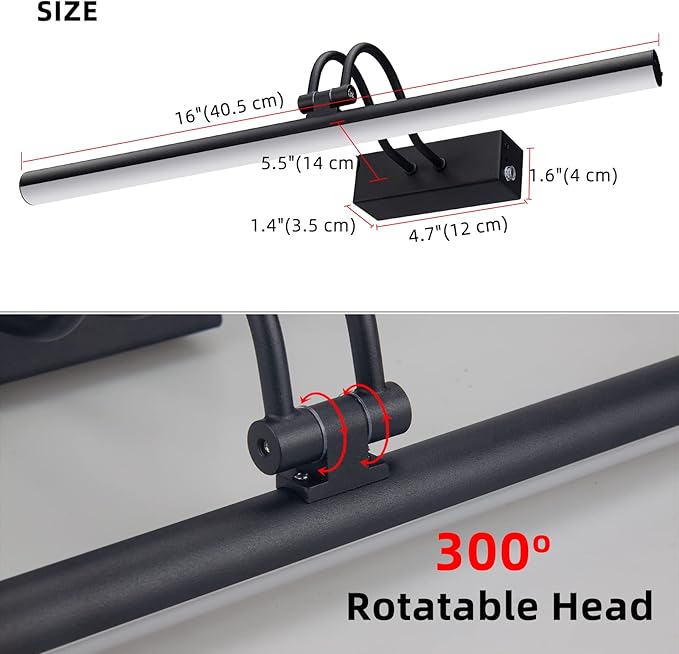 RAIFOOLLY Picture Light, Cordless Picture Lights for Wall, 16 Inch Picture Lights with Timer and Dimmable, 5000mAh Battery Wall Lights for Display Gallery Painting Art Frame Portrait - Black, Metal