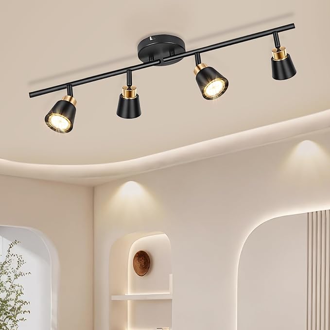 GORDNWE Track Lighting Fixtures Ceiling: LED Spot Lights Indoor 4 GU10 Flexible Heads Black Vintage Adjustable Compatible with Dimmable Bulbs Overhead Directional Lights Foldable for Kitchen Hallway
