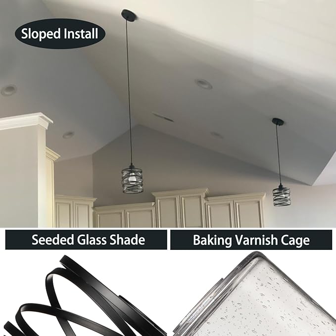 3 PACK Black Pendant Lights Kitchen Island, Small Kitchen Pendant Lighting Over Island, Modern Seeded Glass Hanging Light Fixtures, Single Ceiling Light for Kitchen, Dining Room, Bedroom, Foyer
