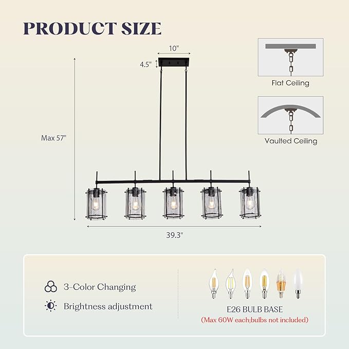 Farmhouse Linear Chandelier for Dining Room,Kitchen lsland Light Fixtures,5 Light Glass Chandeliers with Matte Black Finish,Height Adjustable L39.3”+W6.1”