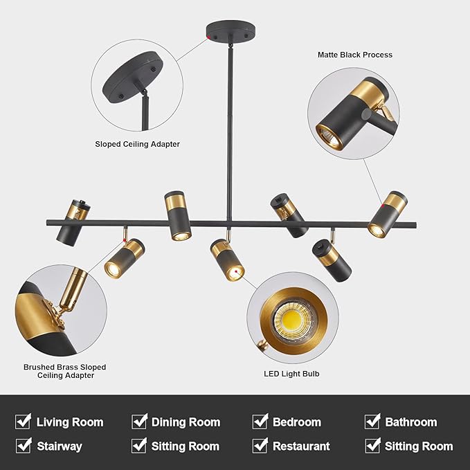 KCO Lighting Black and Gold 7-Light Hanging Track Lighting Modern Kitchen Island Pendant Track Lighting Fixtures Mid Century Ceiling Mount Adjustable Spotlight