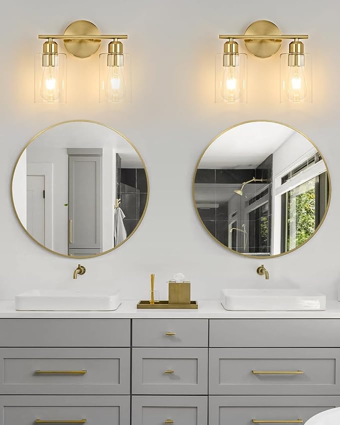 2Light Modern Vanity Lights - Gold, Clear Glass Shade, Wall Sconce for Bathroom & Bedroom, 2 Pack