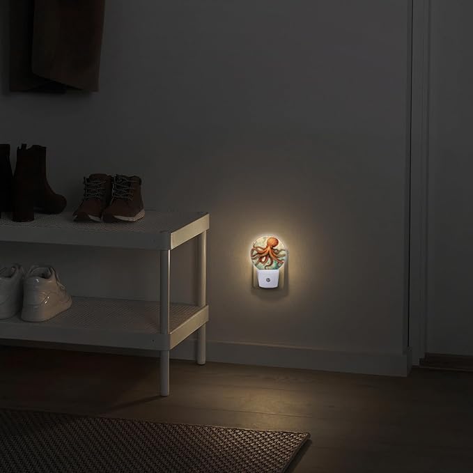 Round LED Night Lights Lamp with Dusk to Dawn Sensor, Vintage-Style Illustration of Octopus Night Light Plug Into Wall for Kids Room, Bedroom, Bathroom, Kitchen, Hallway