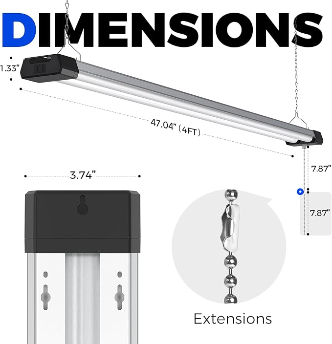 Barrina BS42a 4FT LED Shop Light, 42W, 5000K, 4800LM, Linkable Led Garage Ceiling Lights, Workshop, Hanging or Flush Mount, Concealed Wiring Design, Pull Chain Switch, Heat Dissipation, 8 Packs
