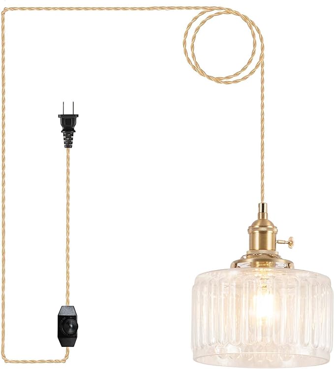 Pendant Light Fixtures,Plug in Hanging Light Fixture 6.6in Glass Pendant Light,E26 Pendant Lighting for Kitchen Island, Bedroom, Dining Room, Living Room
