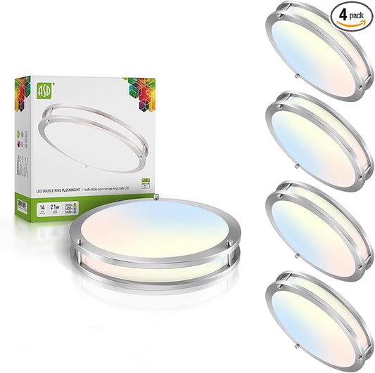 ASD LED 14" Round Flush Mount Lighting, Close to Ceiling Light Fixture | 3CCT, Dimmable, Energy Star, ETL Listed | 21W 1675LM 3000-5000K 120V | Low Profile Double Ring Lamp | Nickel, 4 Pack