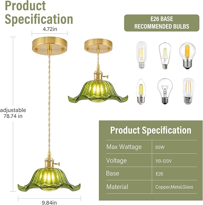 Vintage Pendant Lights Kitchen Island 3 Pack, Adjustable Pendant Light Fixtures with Green Lily Glass Lampshade, Gold Kitchen Pendant Lighting Over Island, Pendant Light for Dining Room Hallway