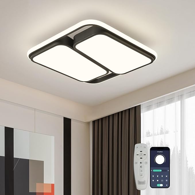 Modern LED Ceiling Light Fixture, 15.7 inch Dimmable Black Square Flush Mount Ceiling Lights with Remote, Bedroom Ceiling Lamp LED Chandelier for Kitchen Hallway Laundry Living Room, 60W