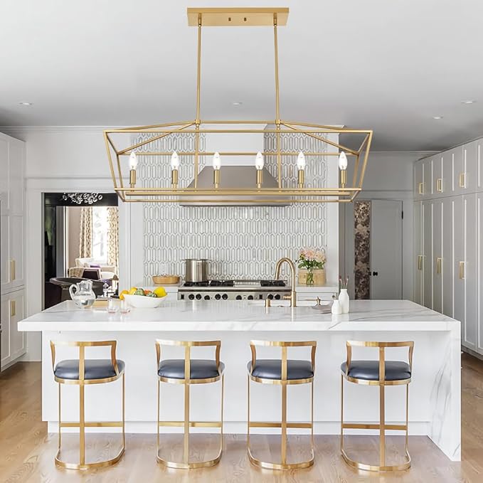 6-Light Kitchen Island Lighting, Gold Linear Chandelier Dining Room Over Table, Rectangle Pendant Light Fixtures Golden Finish for Living Room