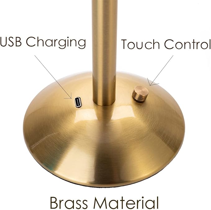 HEQET Cordless Table Lamps for Home,Table,Dining Room, Gold Rechargeable Lamps, USB Charge 12'' Tall LED Brass Portable Outdoor Indoor Table Lamp with Built-in Dimmer (Gold)
