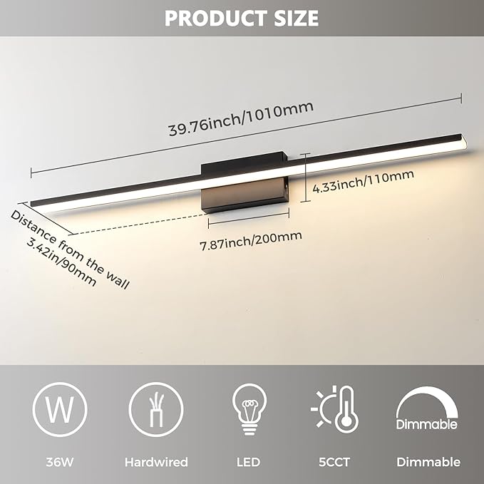 JUSHENG Black Vanity Lights for Bathroom 5CCT Dimmable Bathroom Vanity Light Fixtures LED Vanity Light Bar 39.37'' Inch 36W