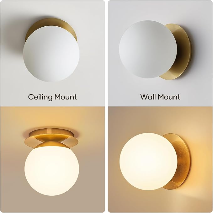2 Pack Wall Sconces, Modern Globe Sconces in Aged Brass, Wall Light for Bedroom Bathroom Living Room & Hallway Vanity Lighting, Ceiling Light Fixture