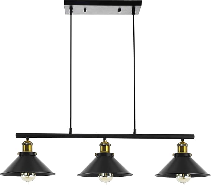 3-Light Kitchen Island Pendant Light Fixture, Farmhouse Linear Hanging Lighting, Industrial Chandelier with Matt Black Finish for Kitchen, Bar, Dining Room, Pool Table