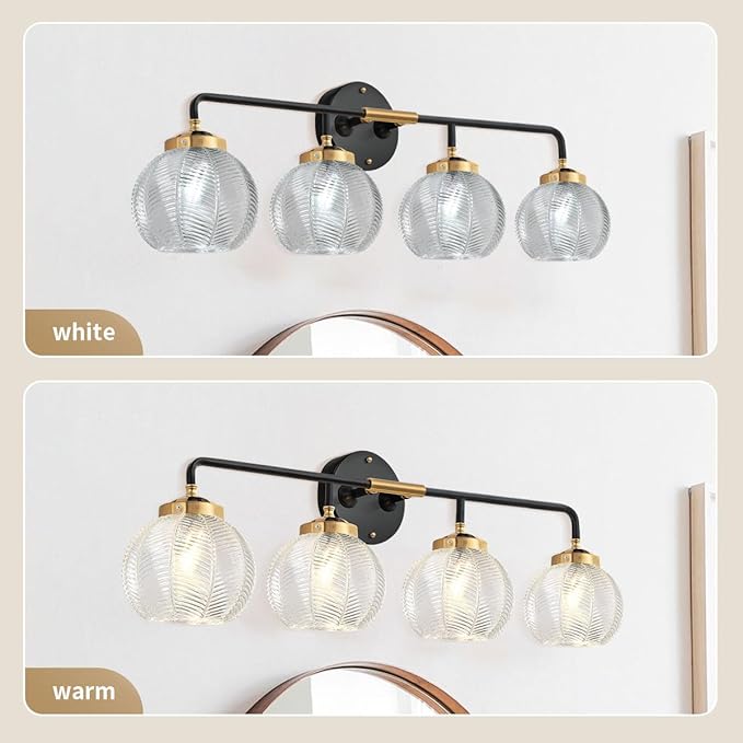 4-Lights Vanity Lights Bathroom Light fixtures Over Mirror Mid Century Modern Wall Sconce with Clear Glass Globe Shade Matte Black Gold Wall lamp for Kitchen Powder Room Over Mirror