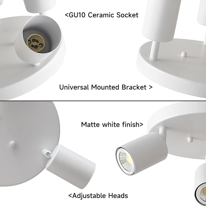 EGM 3 Light Track Lighting, White Round Track Lighting Fixtures, GU10 Flush Mount Directional Ceiling Light for Kitchen, Bedroom, Office, Picture Wall